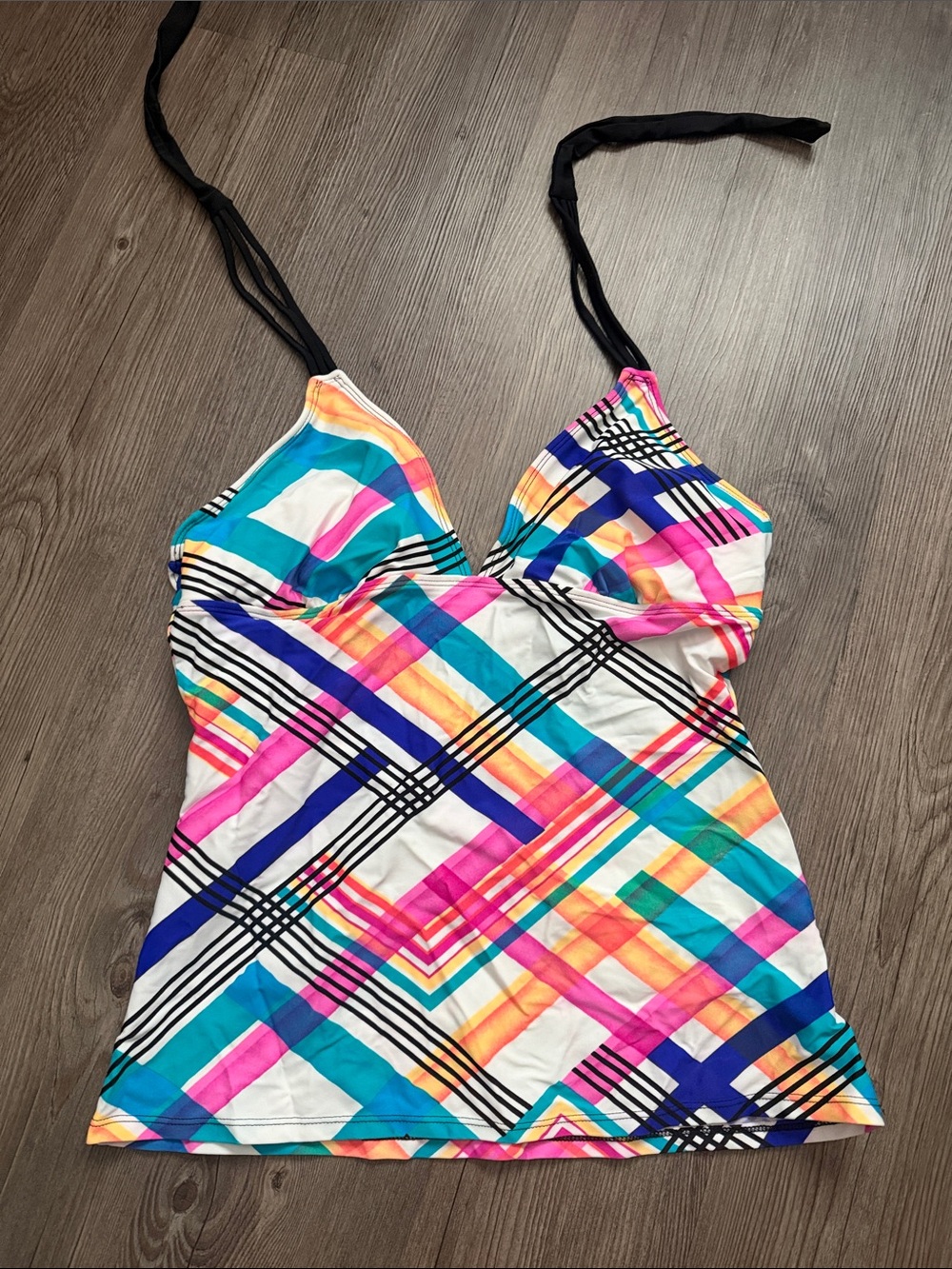 SO Multicolor Plaid Tankini Top - Black Straps